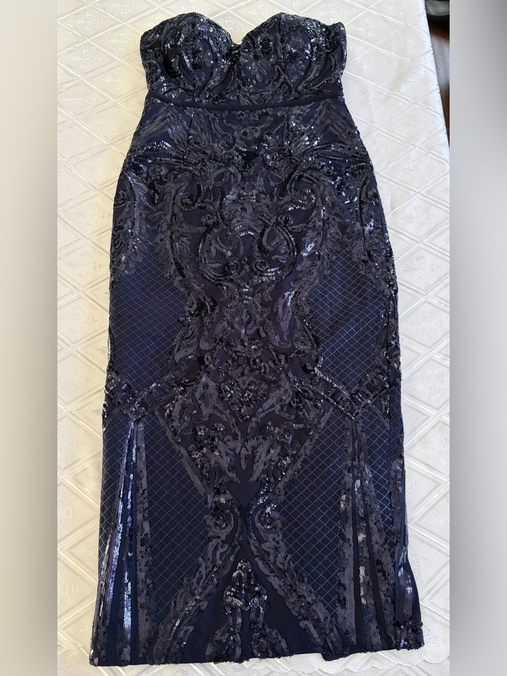 Strapless Navy Sequin Embellished Pencil Dress